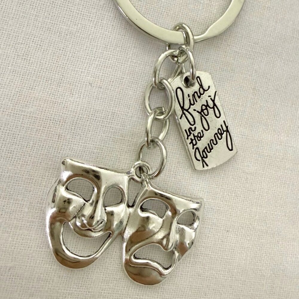 Theater Masks Keychain Bag Charm 3 Inch Silver Tone Drama Comedy Accessory - Picture 3 of 6